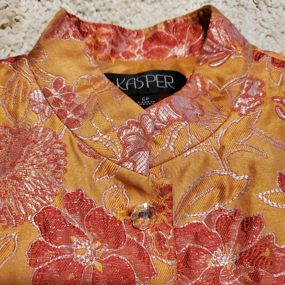 Kasper 2 Piece Tangerine Pink & Silver Floral Brocade Skirt Set Size 6P - Picture 2 of 10